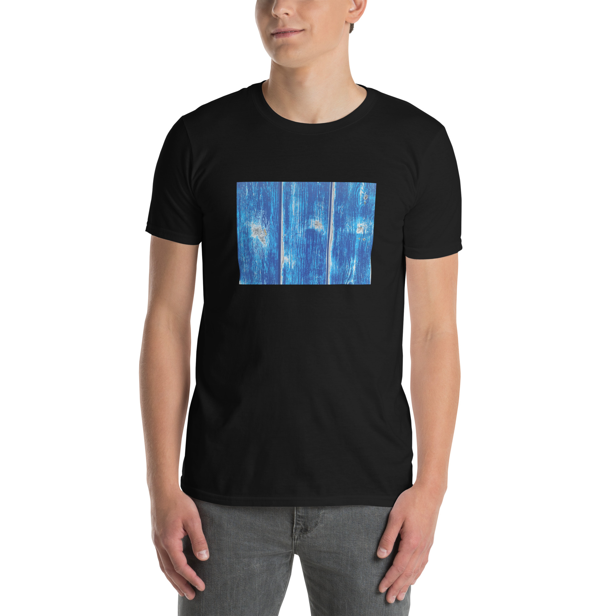 Blue garage door II printed on Unisex Softstyle T-Shirt - Image 2