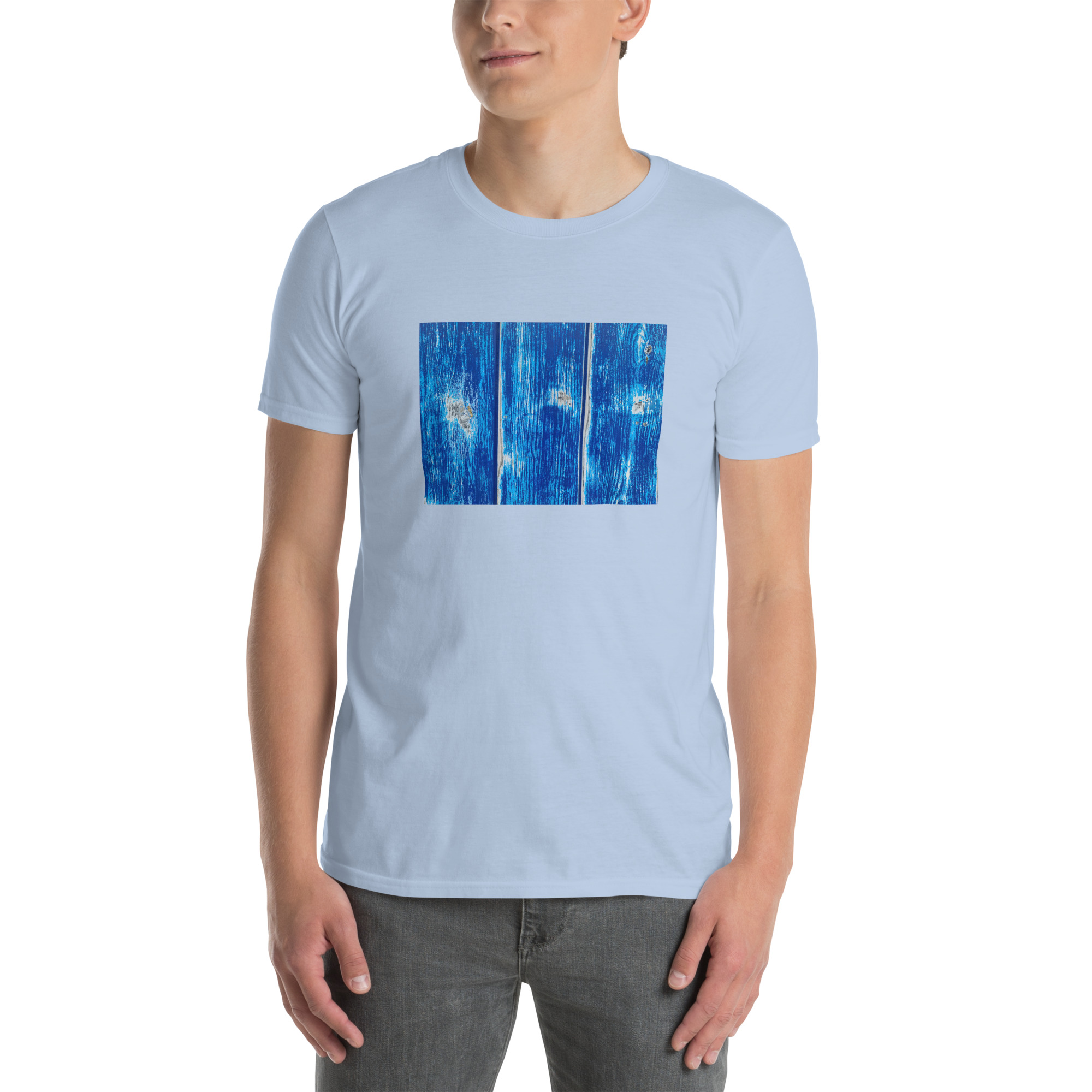 Blue garage door II printed on Unisex Softstyle T-Shirt