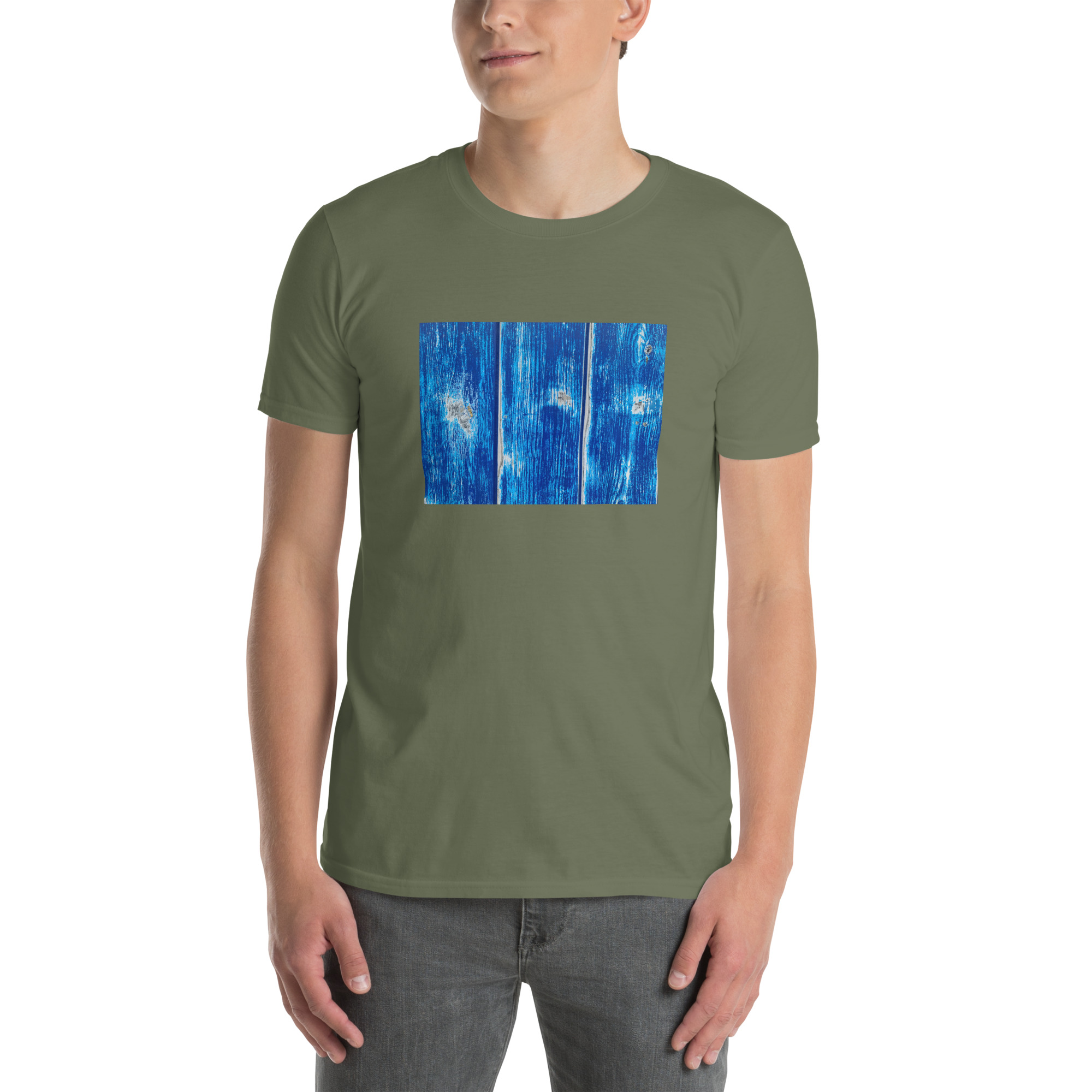 Blue garage door II printed on Unisex Softstyle T-Shirt - Image 7