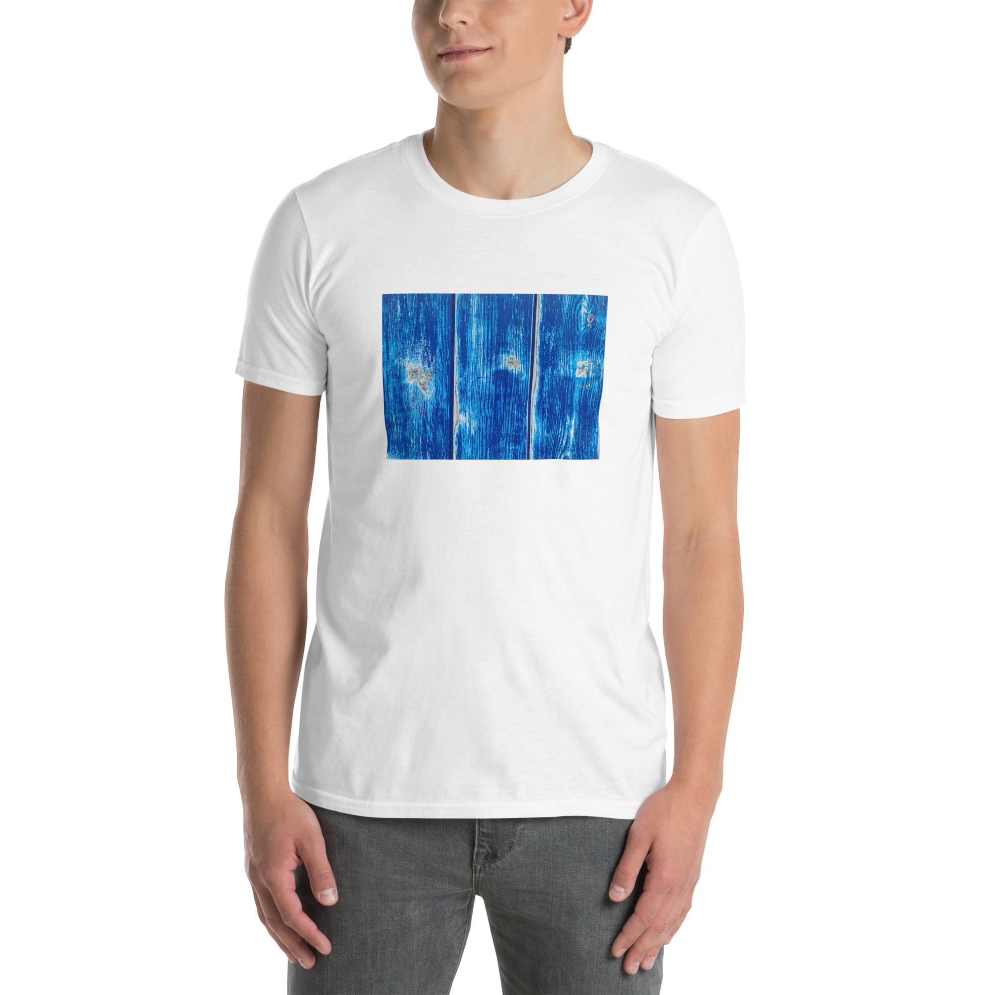 Blue garage door II printed on Unisex Softstyle T-Shirt - Image 12